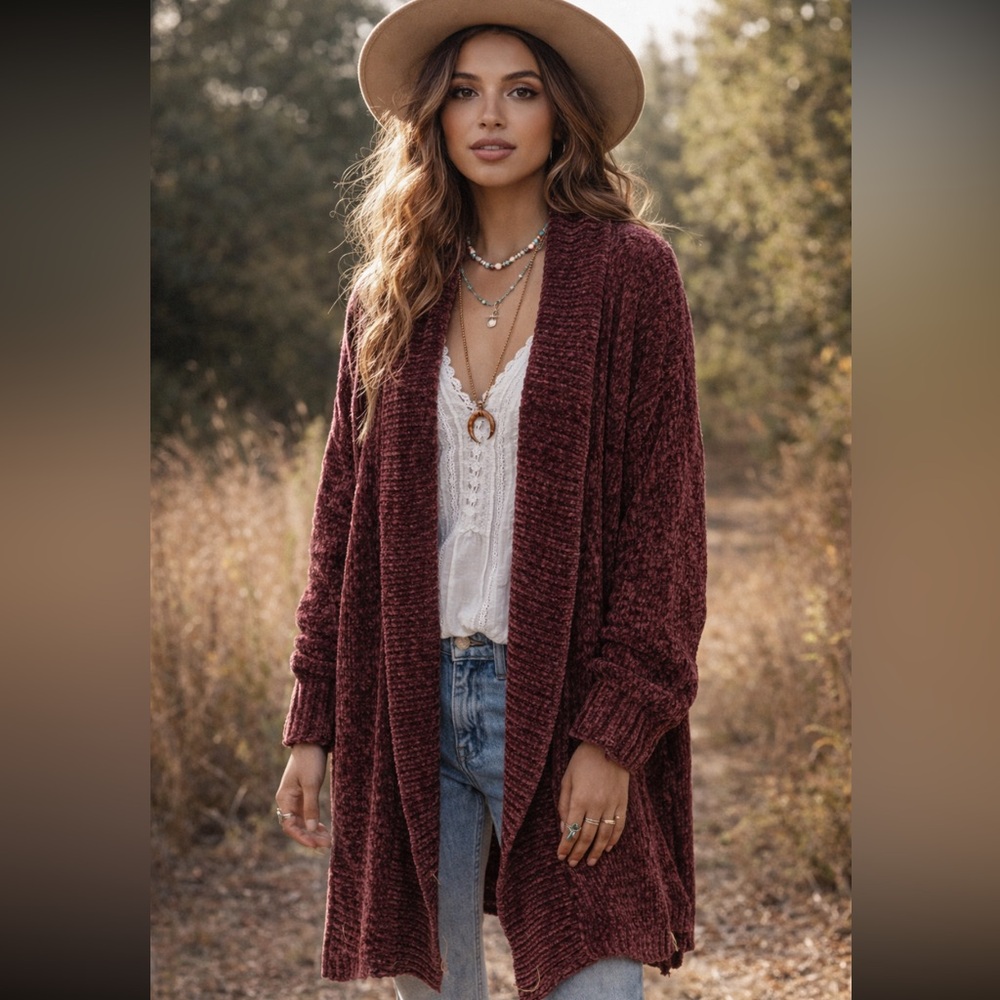 Entro Maroon Open Cardigan‎ Crushed Velvet Velour Boho Slouchy Oversized Duster